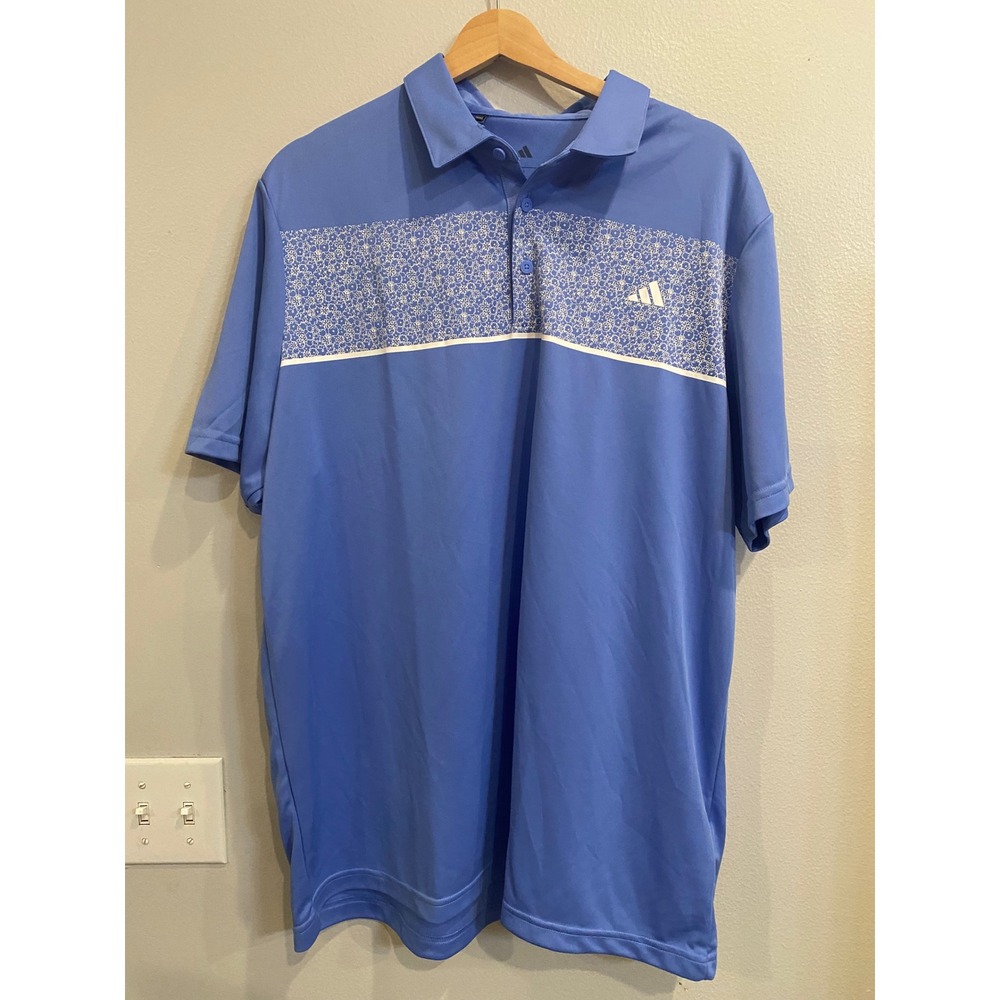 Adidas Golf Mens XL Blue Floral Chest Stripe Performance Polo Shirt Short Sleeve